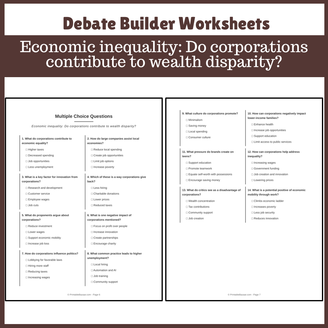 Economic inequality: Do corporations contribute to wealth disparity? | Favour and Against Worksheet Printable Activity