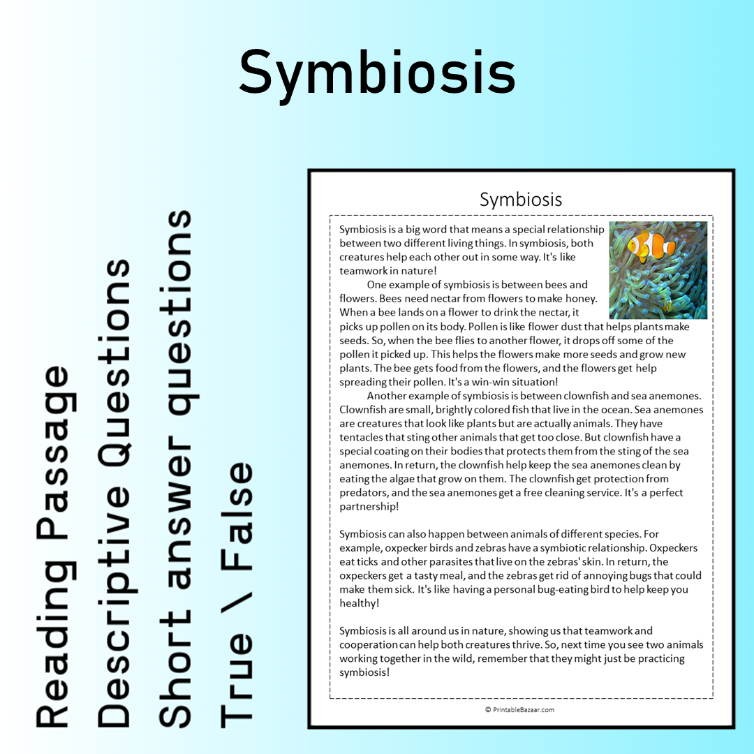 Symbiosis | Reading Comprehension Passage Printable Worksheet