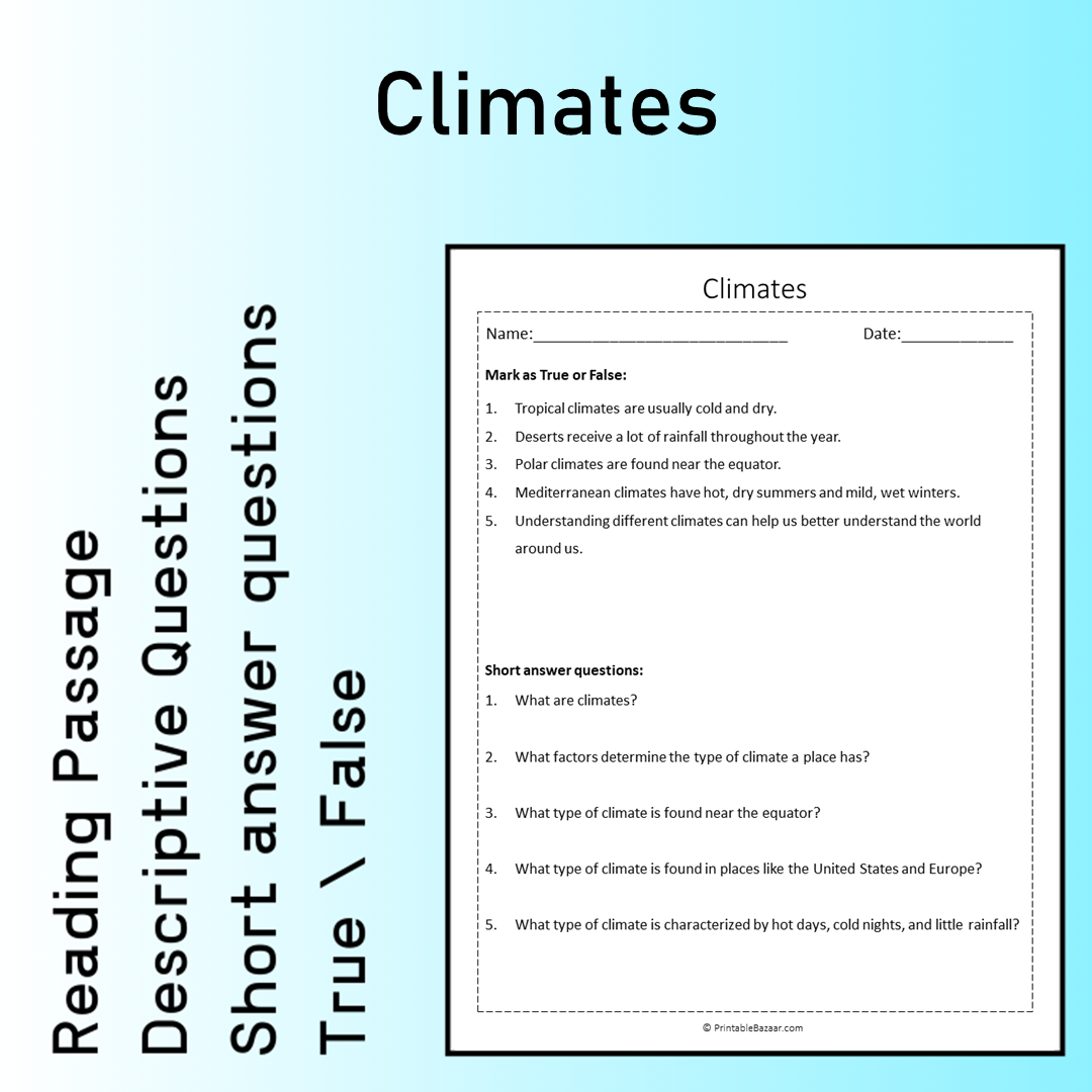 Climates | Reading Comprehension Passage Printable Worksheet