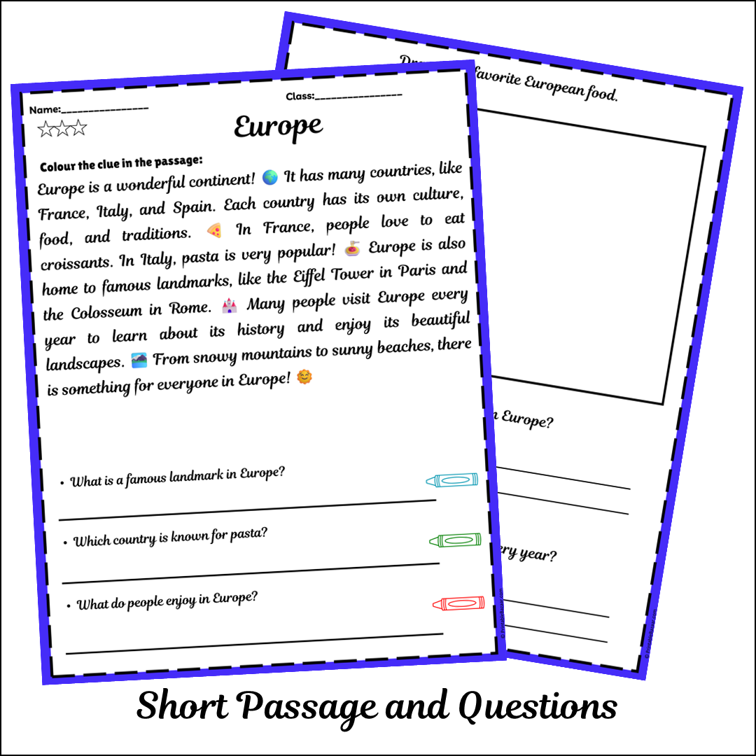 Europe | Short Reading Comprehension Creative Worksheet