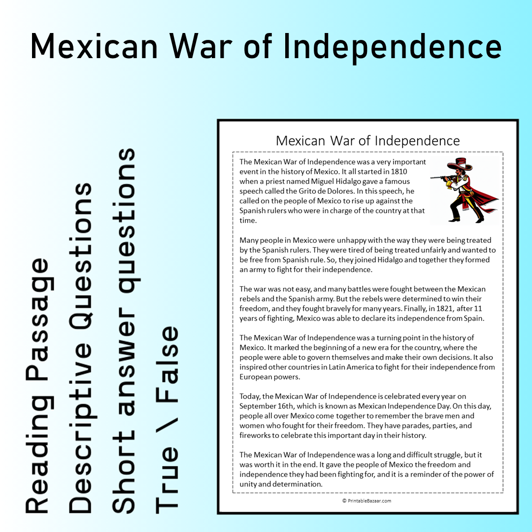 Mexican War of Independence | Reading Comprehension Passage Printable Worksheet