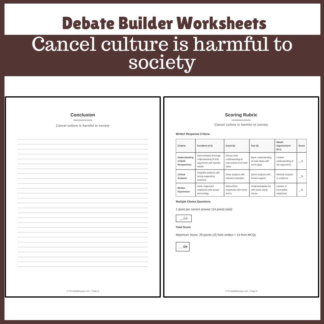 Cancel culture is harmful to society | Favour and Against Worksheet Printable Activity
