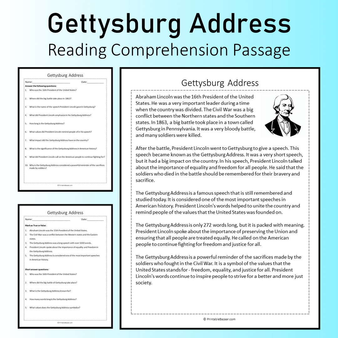 Gettysburg Address | Reading Comprehension Passage Printable Worksheet