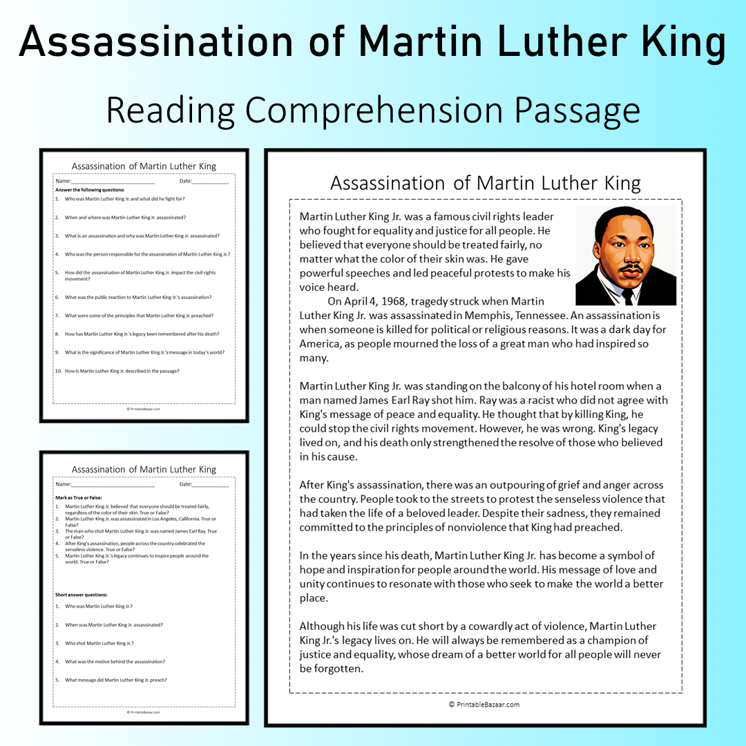 Assassination of Martin Luther King | Reading Comprehension Passage Printable Worksheet