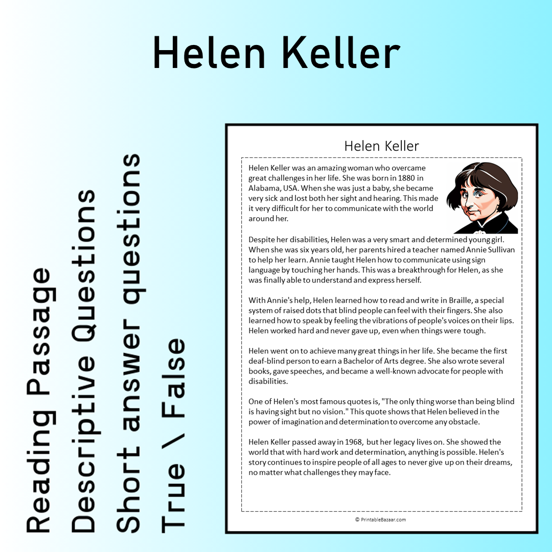 Helen Keller | Reading Comprehension Passage Printable Worksheet