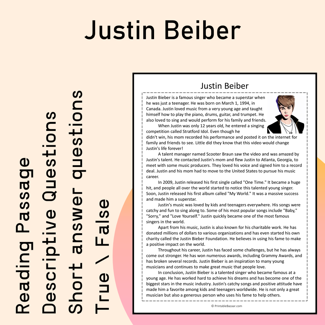Justin Beiber | Reading Comprehension Passage Printable Activity