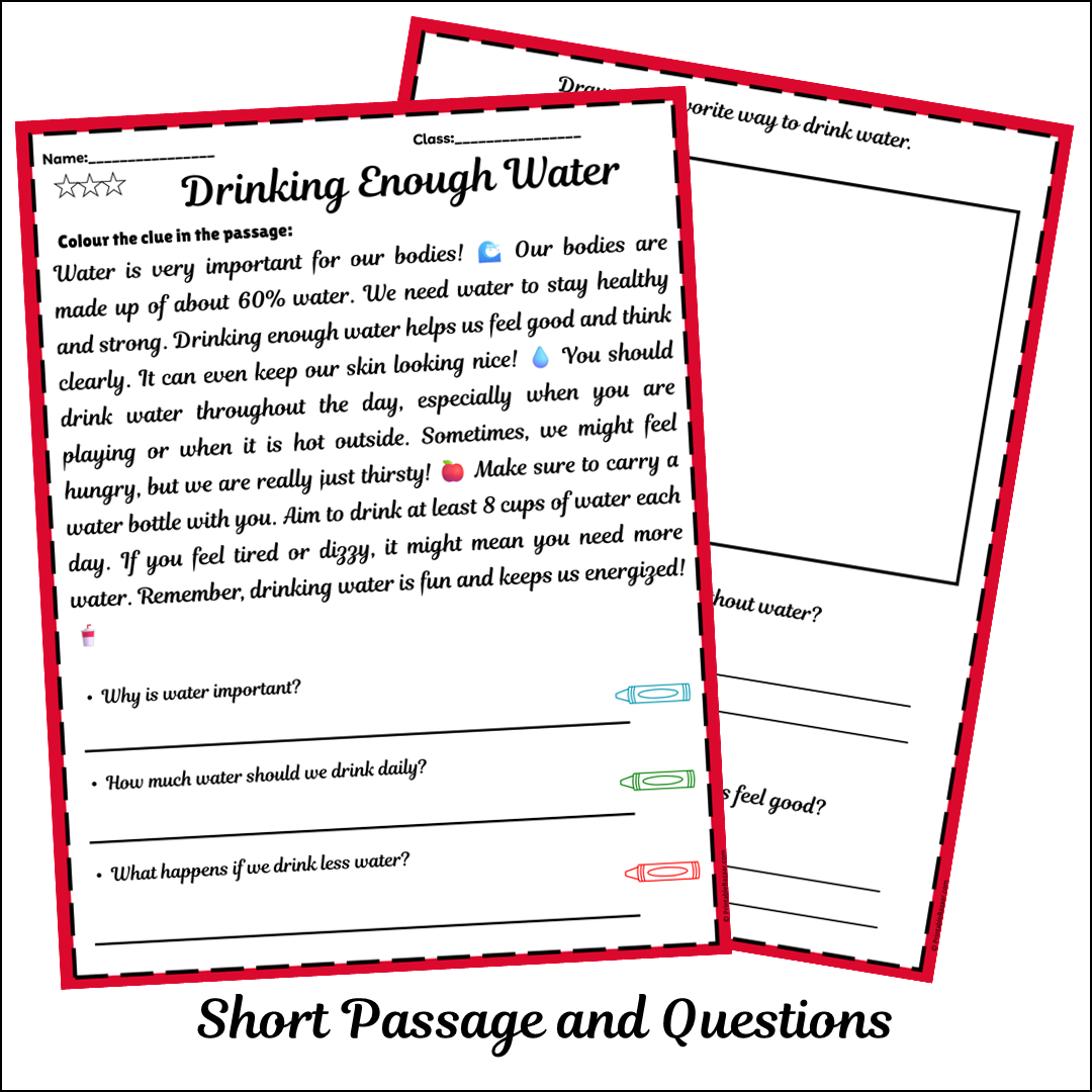 Drinking Enough Water | Short Reading Comprehension Creative Worksheet