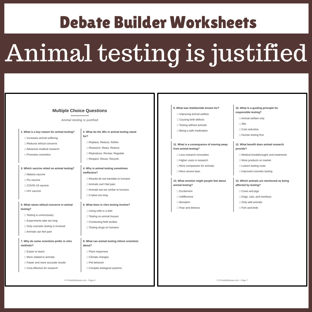 Animal testing is justified | Favour and Against Worksheet Printable Activity