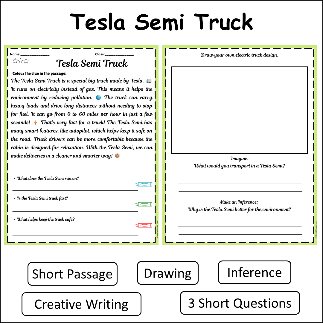 Tesla Semi Truck | Short Reading Comprehension Creative Worksheet