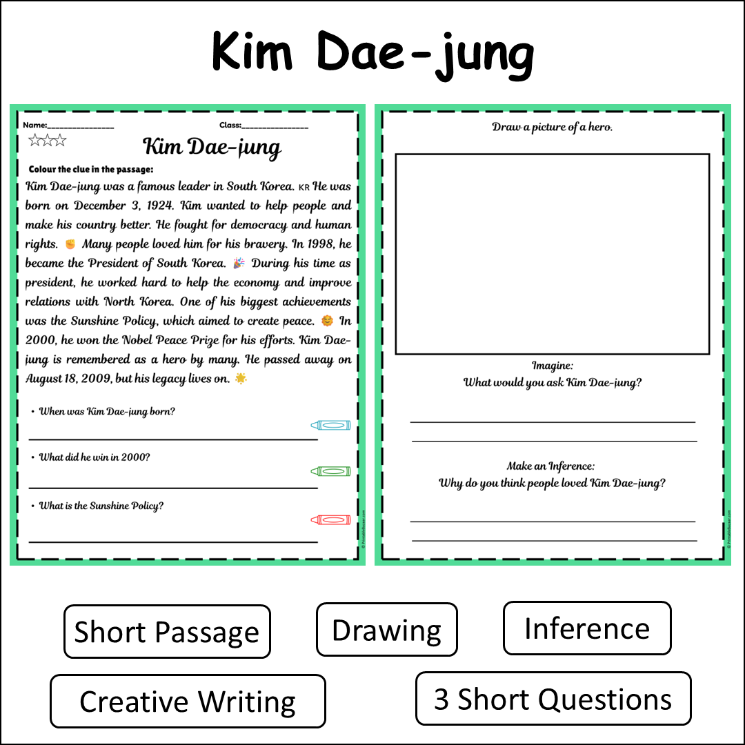 Kim Dae-jung | Short Reading Comprehension Creative Worksheet
