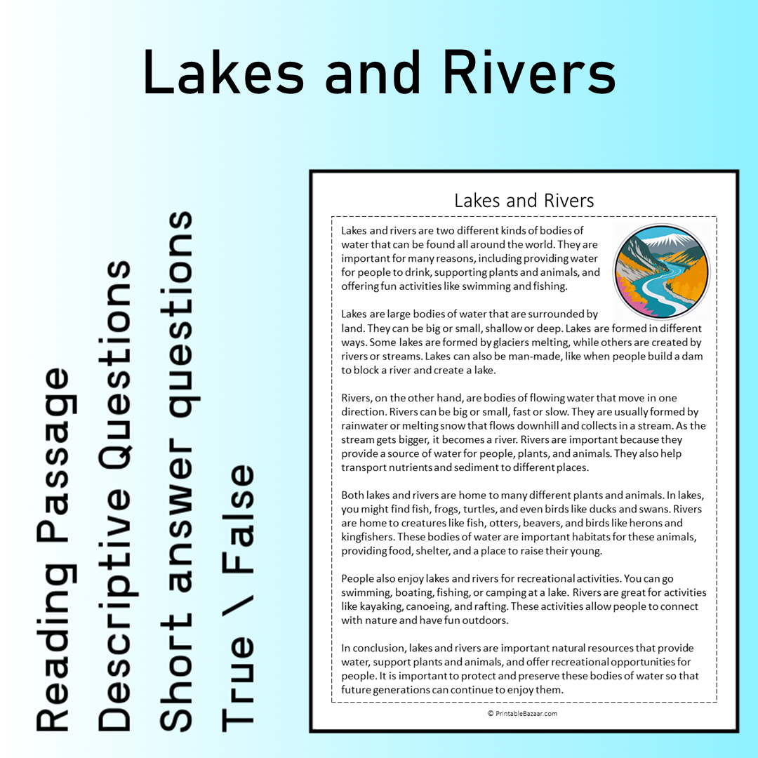 Lakes and Rivers | Reading Comprehension Passage Printable Worksheet