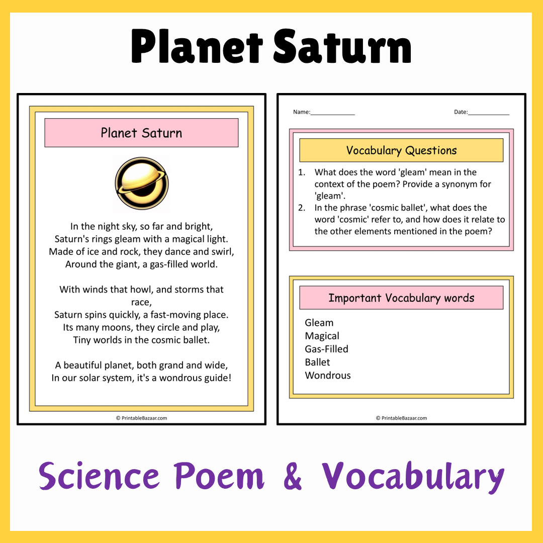 Planet Saturn | Science Poem Reading Comprehension Activity