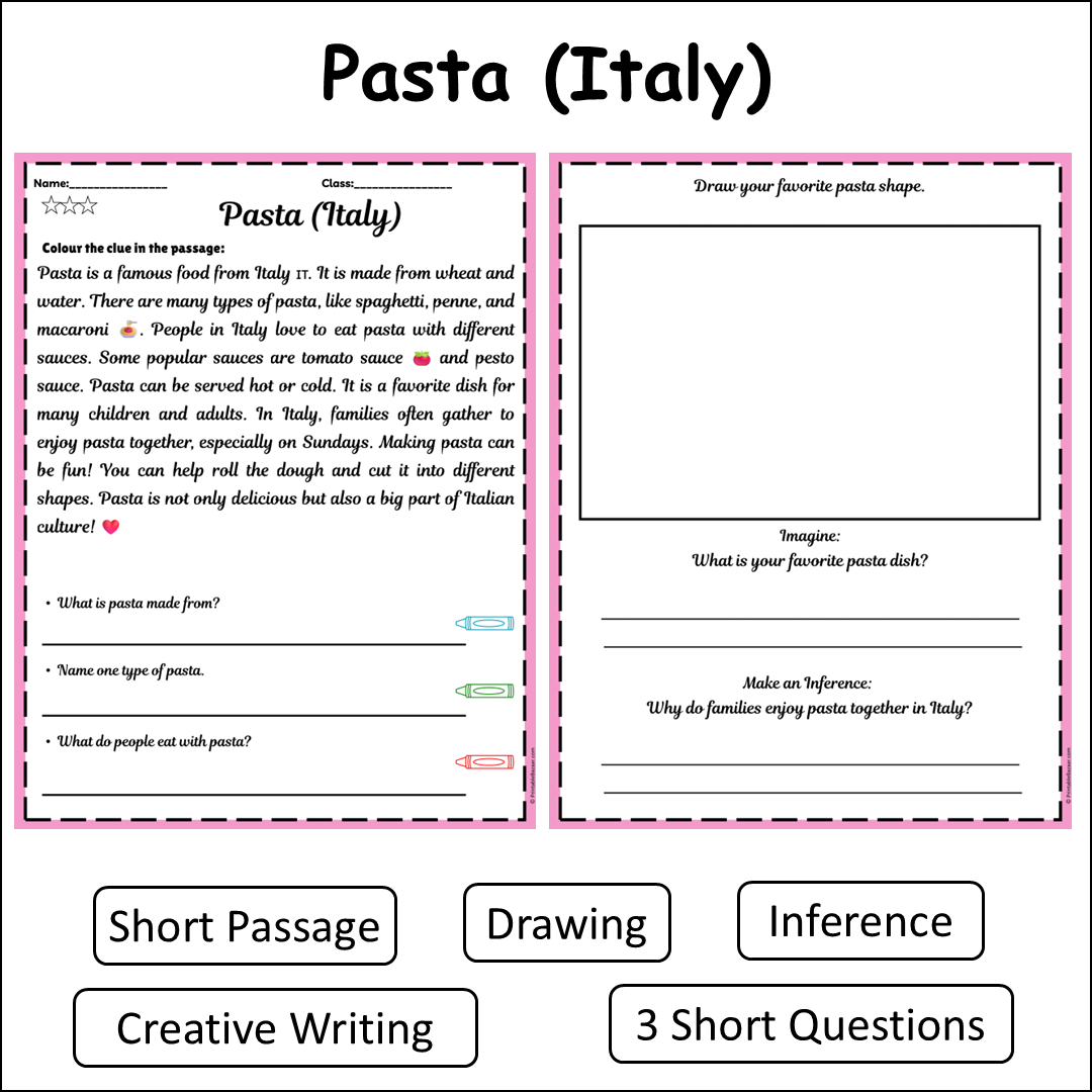 Pasta (Italy) | Short Reading Comprehension Creative Worksheet