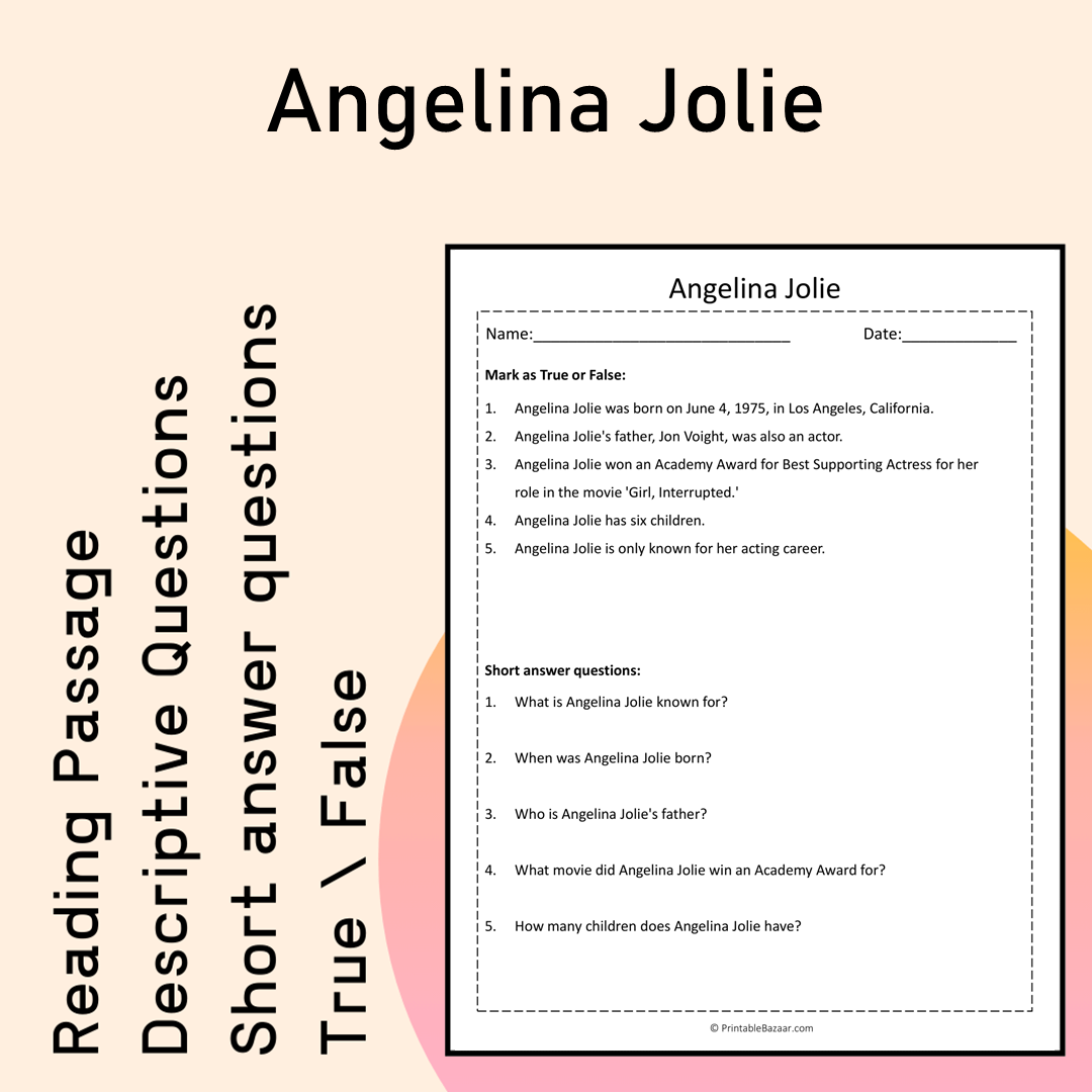 Angelina Jolie | Reading Comprehension Passage Printable Activity
