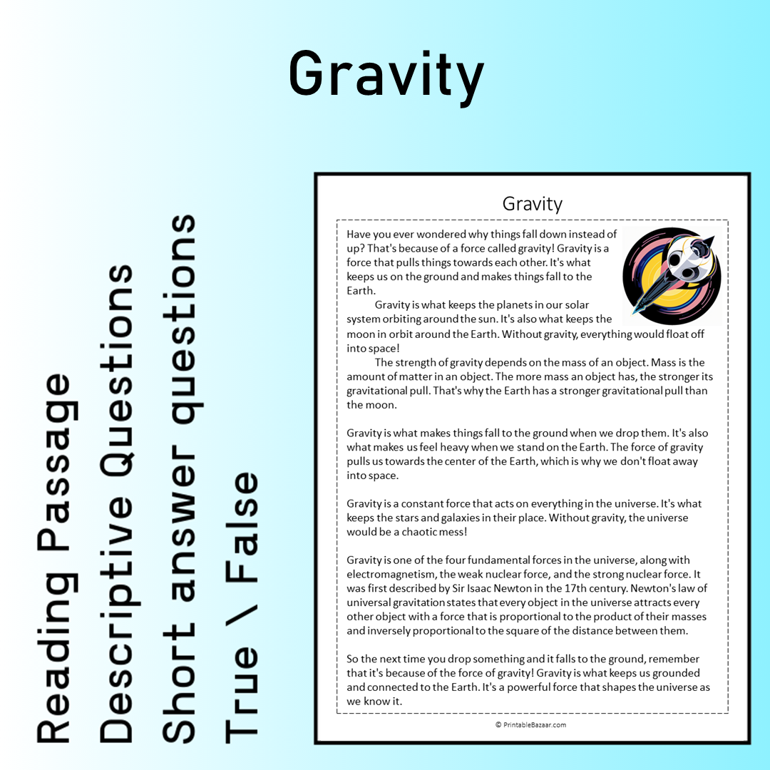 Gravity | Reading Comprehension Passage Printable Worksheet
