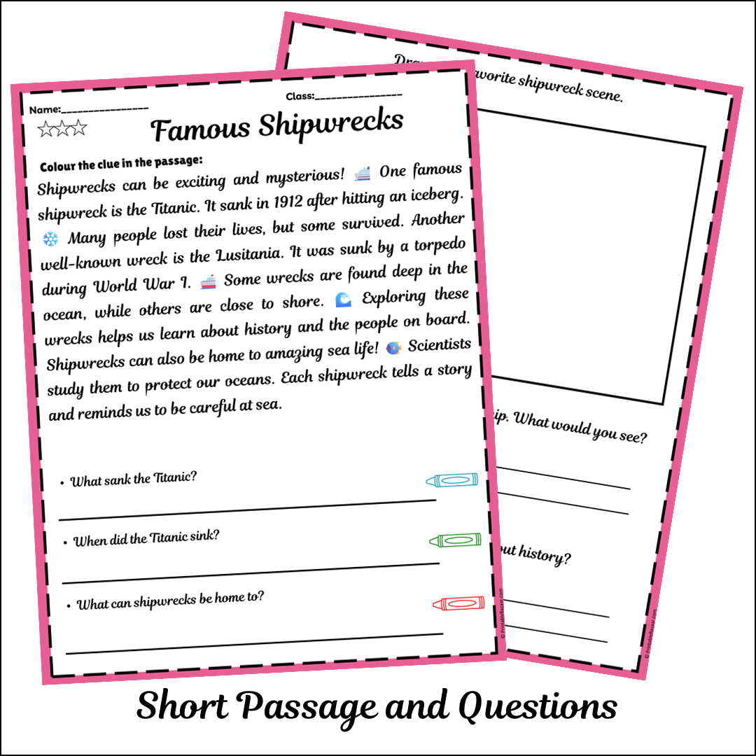 Famous Shipwrecks | Short Reading Comprehension Creative Worksheet