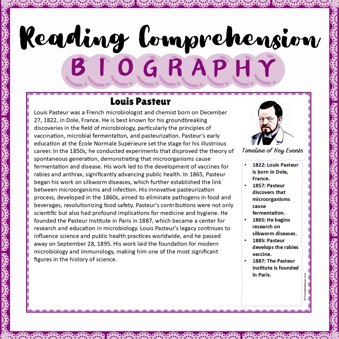 Louis Pasteur | Biography Reading Comprehension and Questions Worksheet