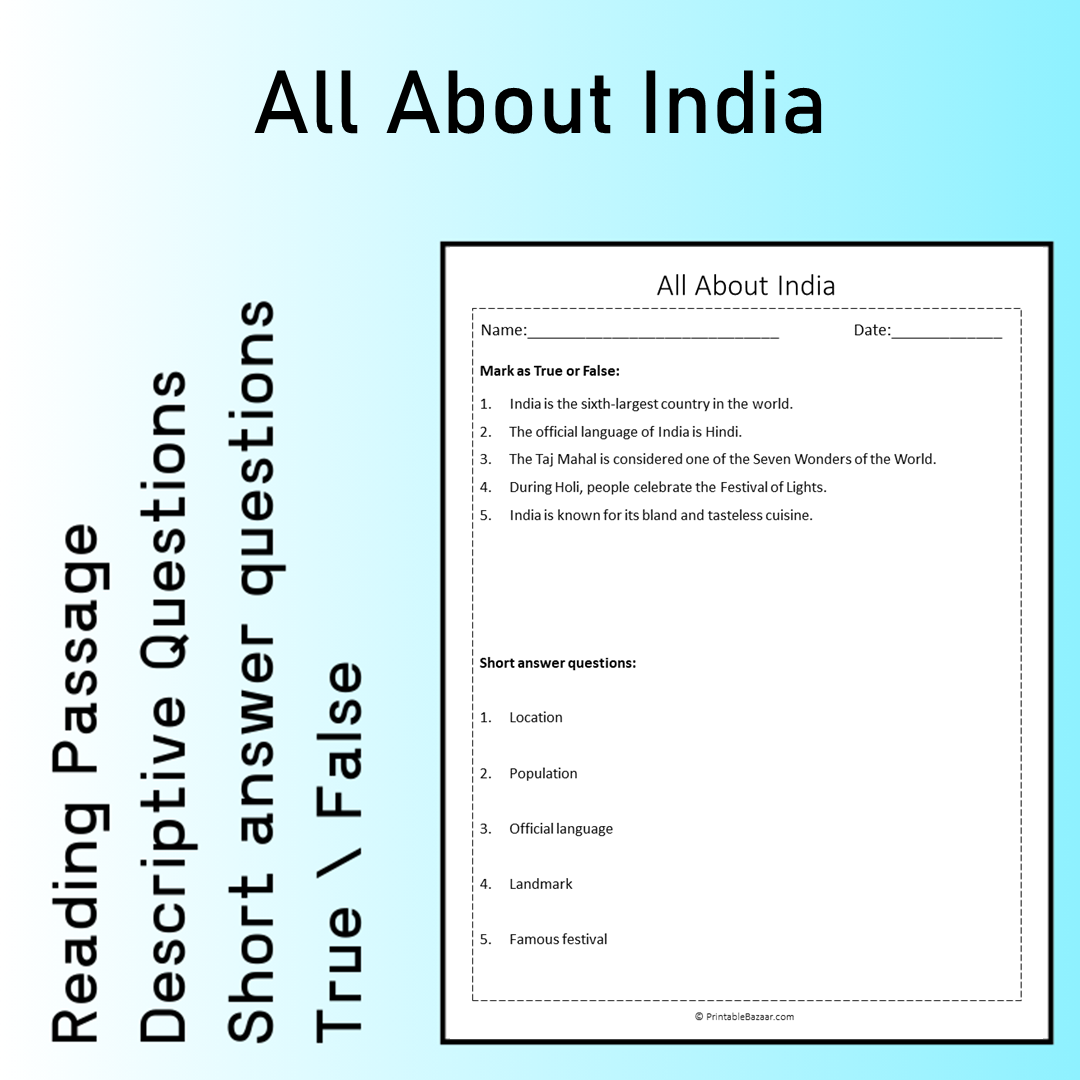 All About India | Reading Comprehension Passage Printable Worksheet
