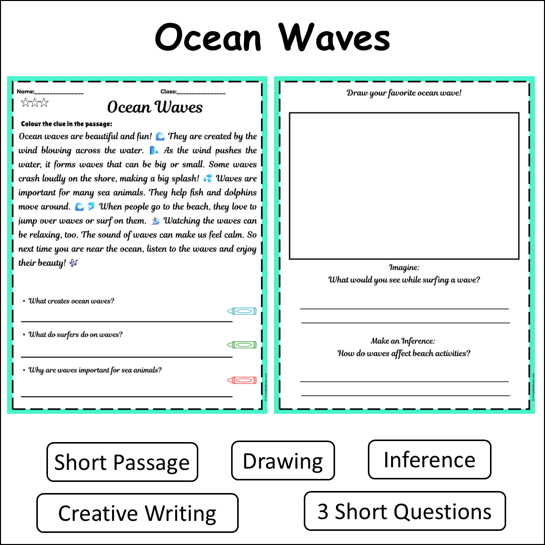 Ocean Waves | Short Reading Comprehension Creative Worksheet