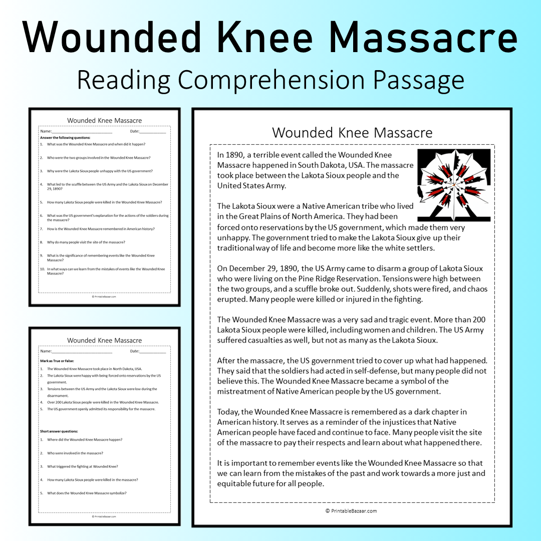 Wounded Knee Massacre | Reading Comprehension Passage Printable Worksheet