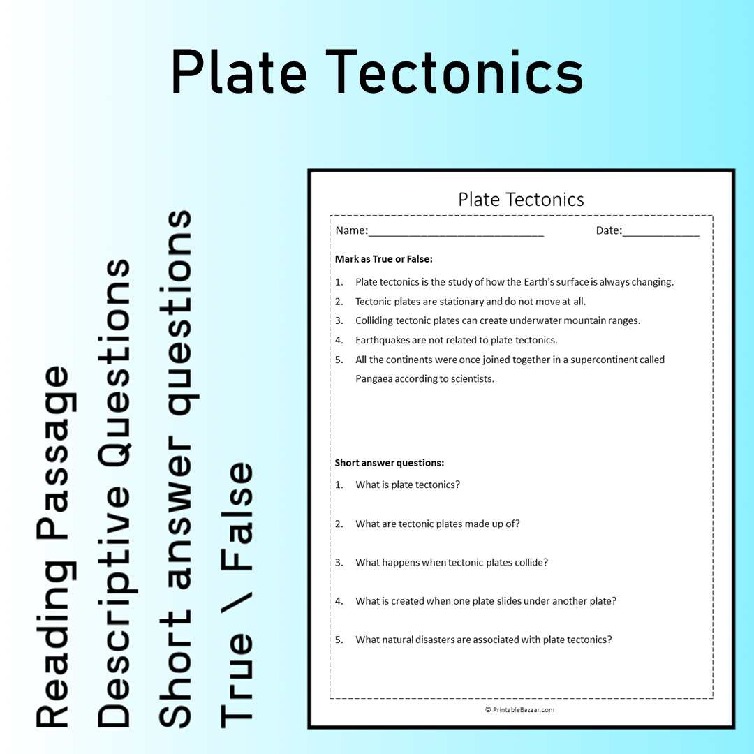Plate Tectonics | Reading Comprehension Passage Printable Worksheet