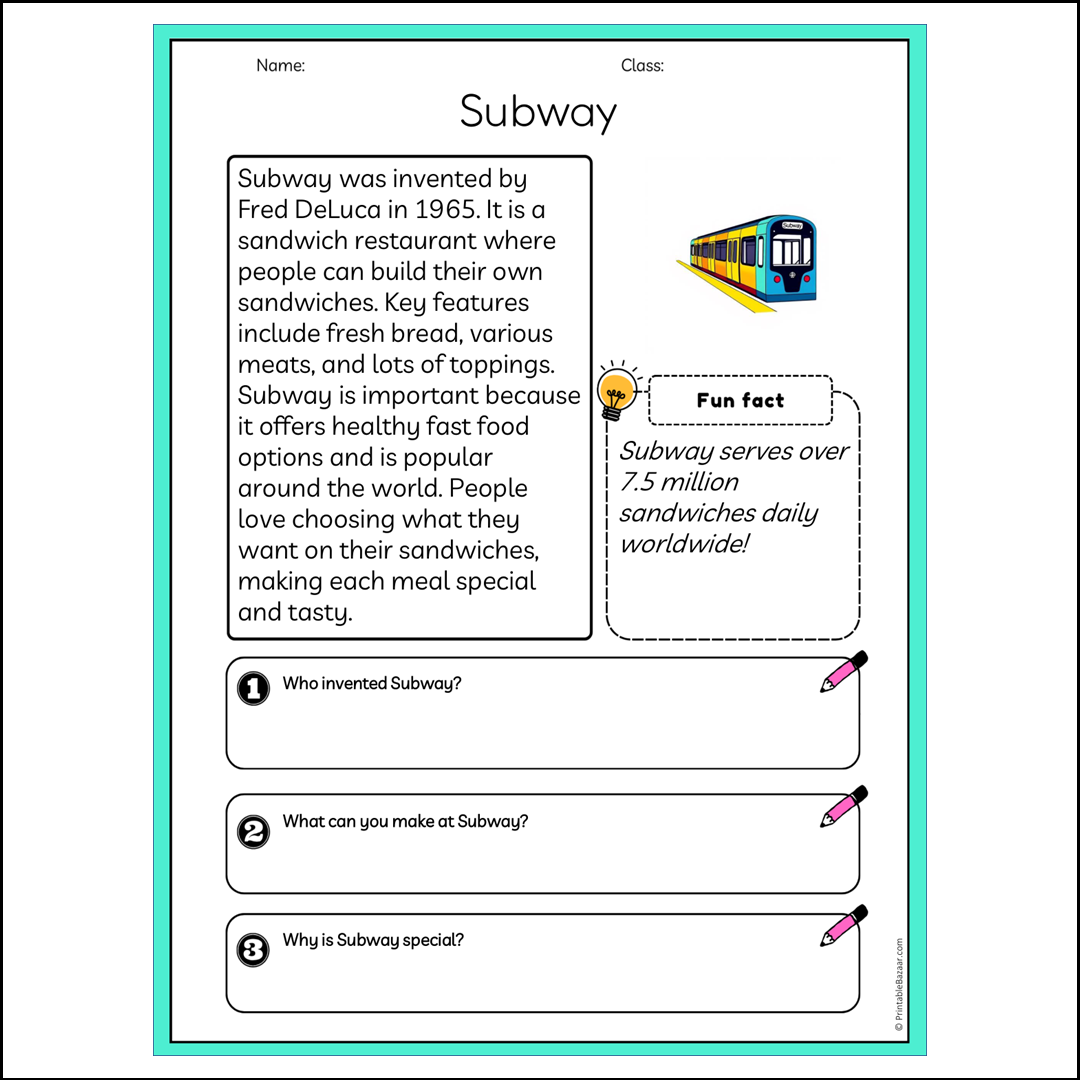 Subway | Reading Passage Comprehension Questions Writing Facts Worksheet