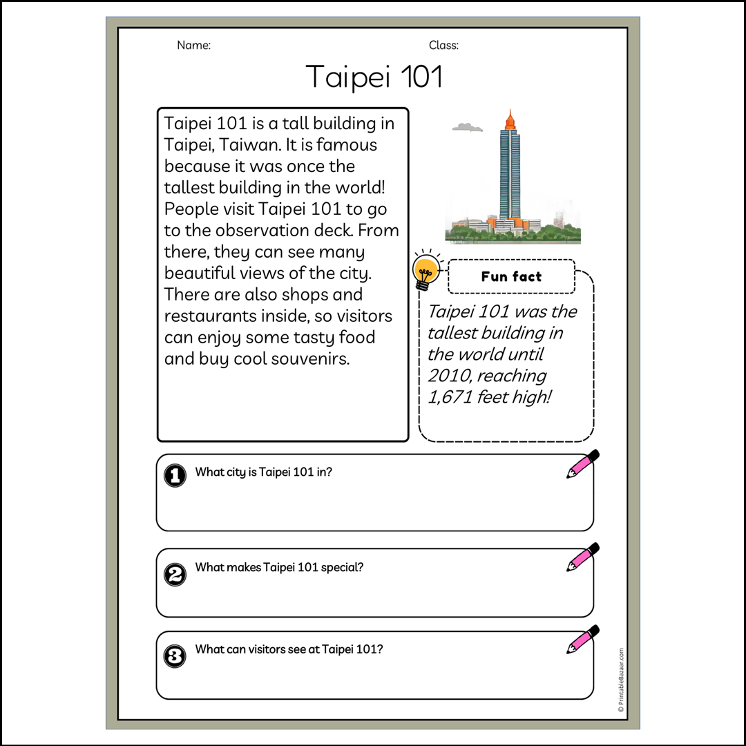Taipei 101 | Reading Passage Comprehension Questions Writing Facts Worksheet