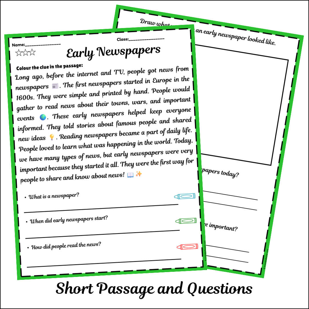 Early Newspapers | Short Reading Comprehension Creative Worksheet