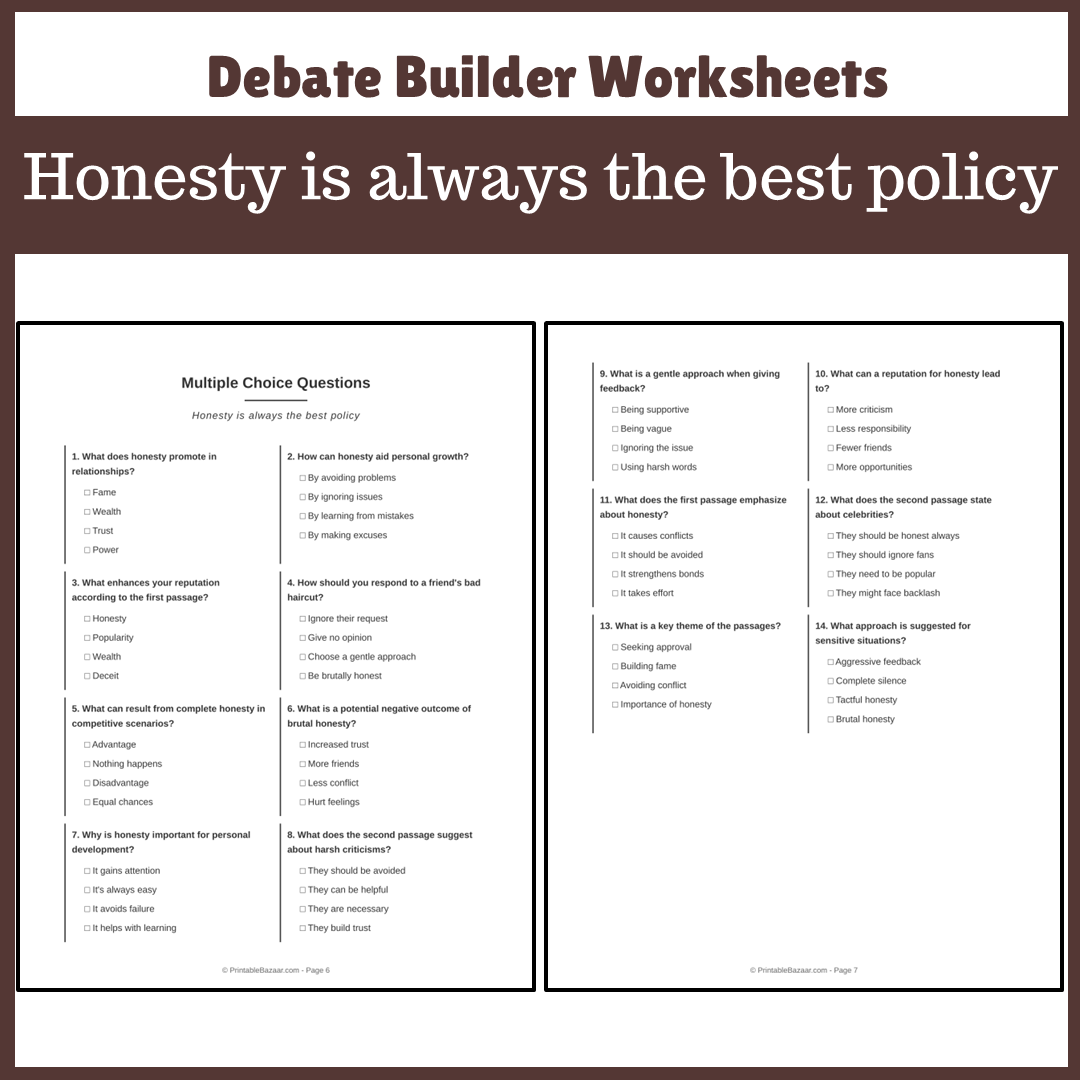 Honesty is always the best policy | Favour and Against Worksheet Printable Activity