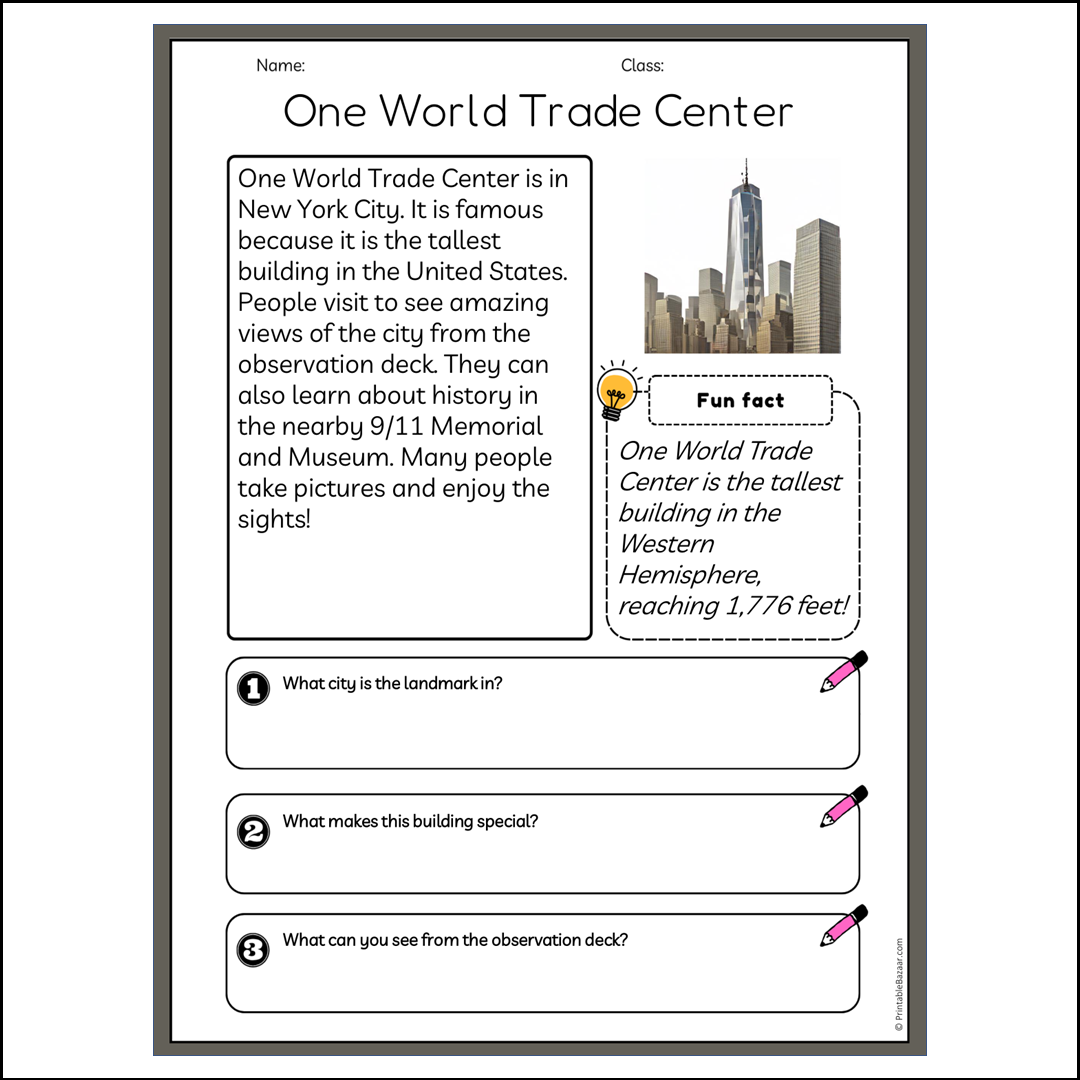 One World Trade Center | Reading Passage Comprehension Questions Writing Facts Worksheet
