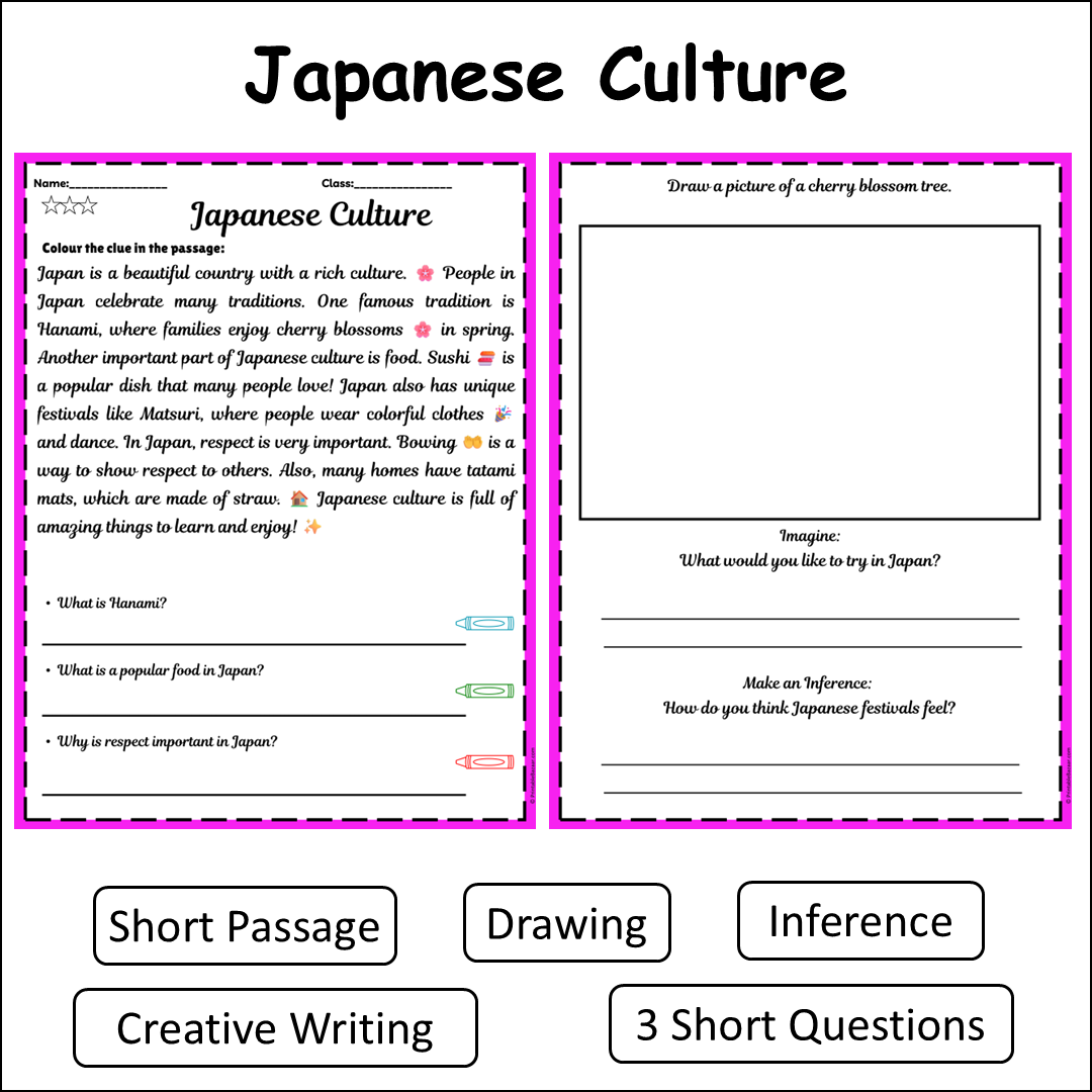 Japanese Culture | Short Reading Comprehension Creative Worksheet