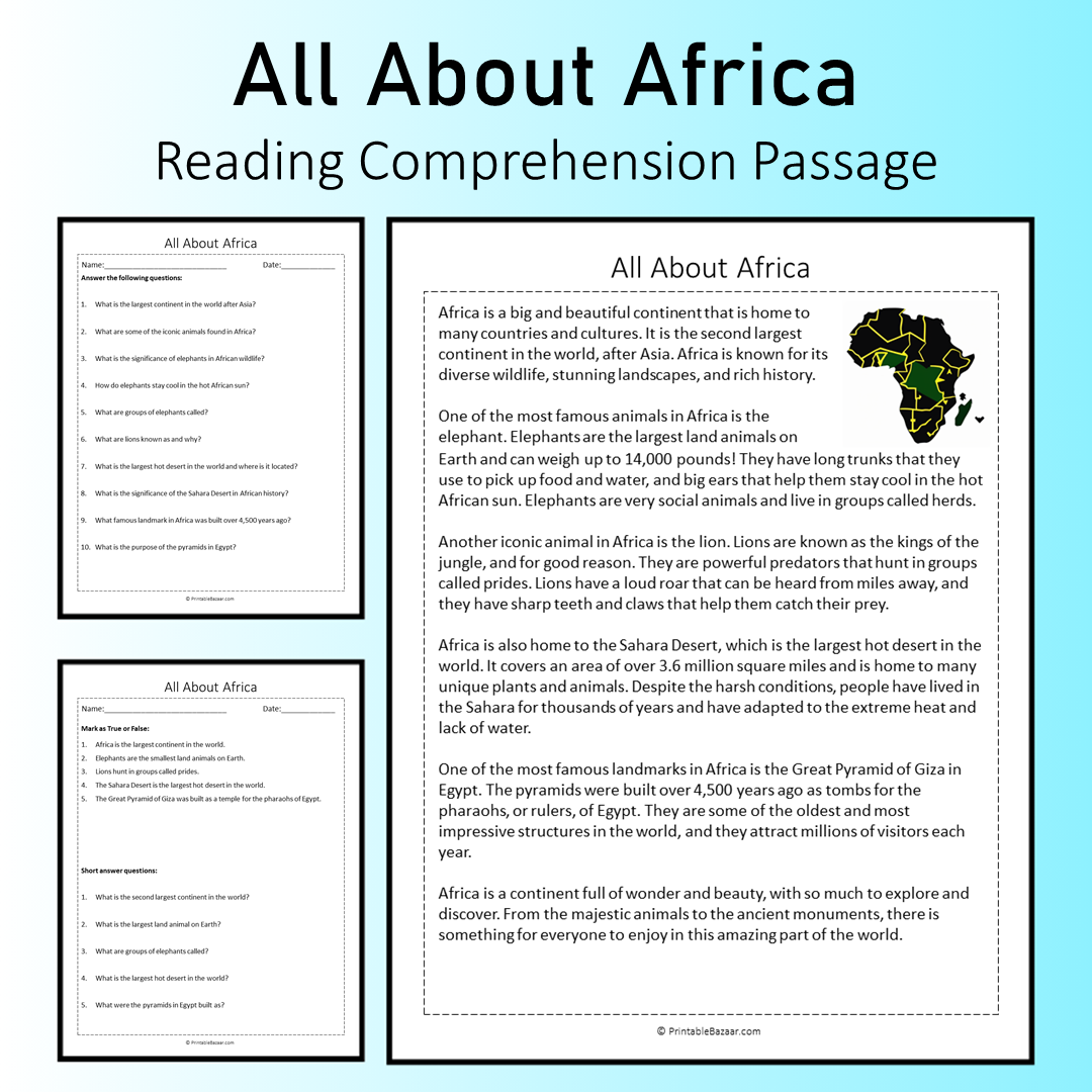 All About Africa | Reading Comprehension Passage Printable Worksheet