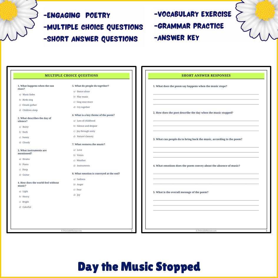 Day the Music Stopped | Poem Grammar Worksheet Printable Activity