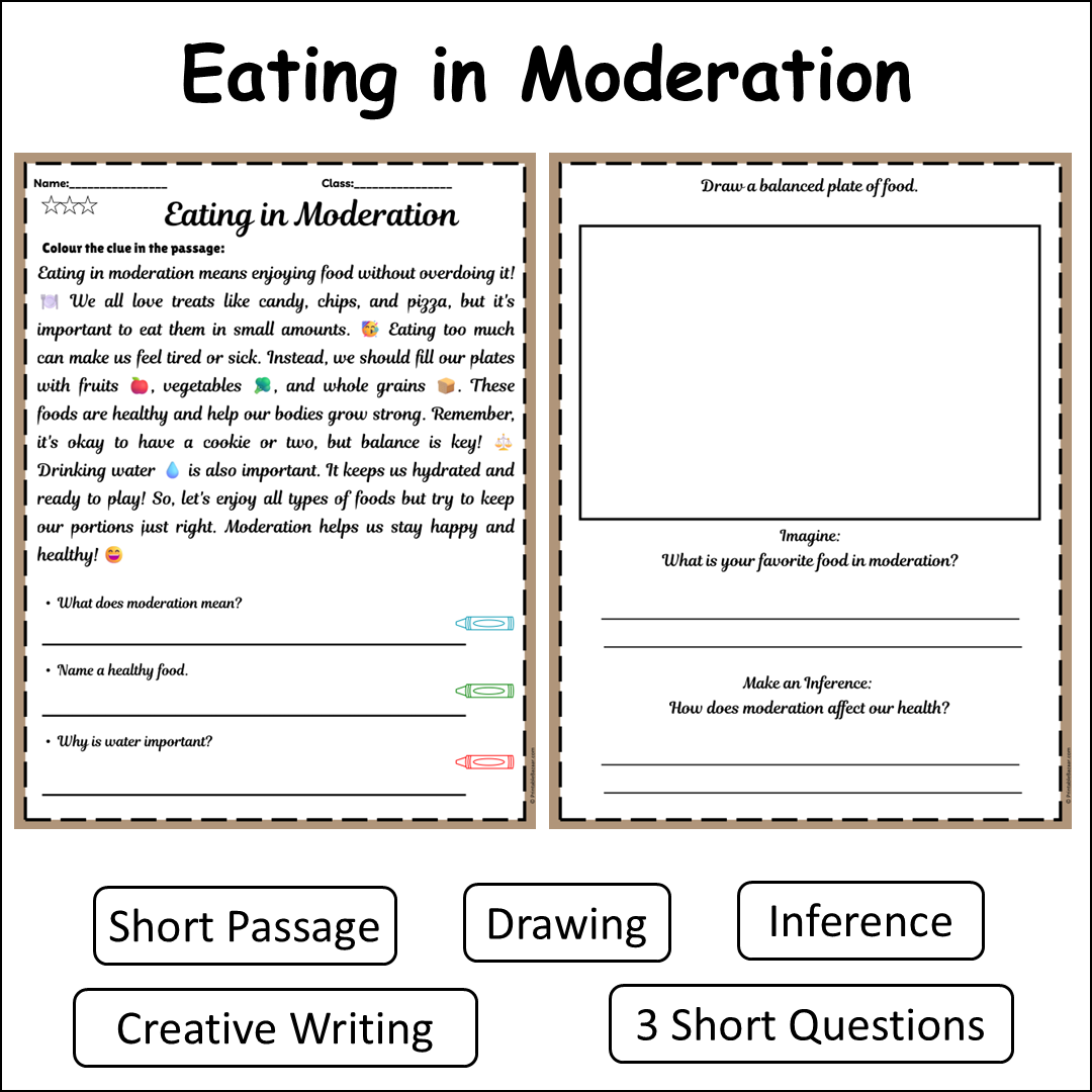 Eating in Moderation | Short Reading Comprehension Creative Worksheet