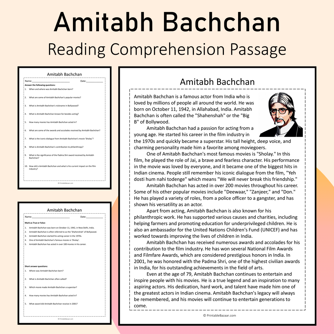 Amitabh Bachchan | Reading Comprehension Passage Printable Activity