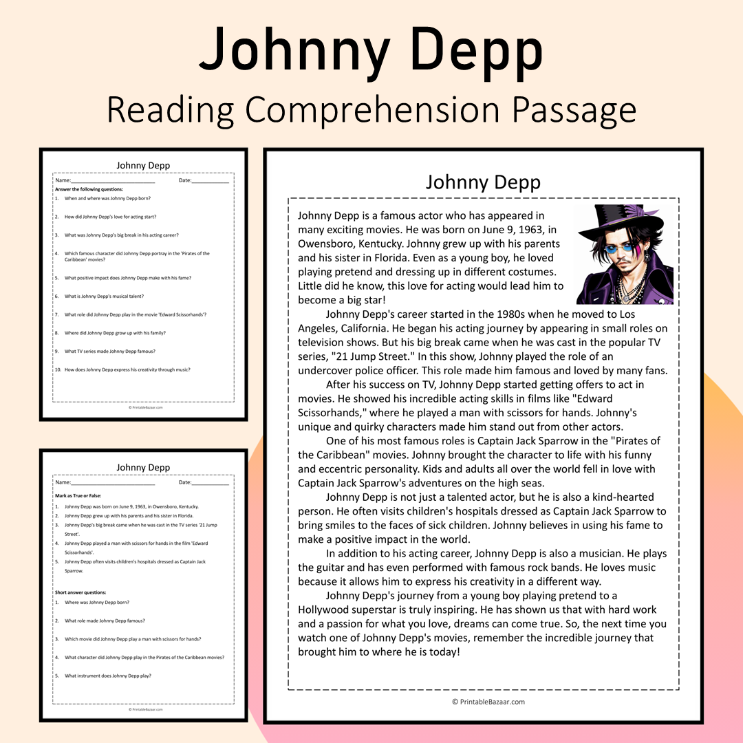 Johnny Depp | Reading Comprehension Passage Printable Activity