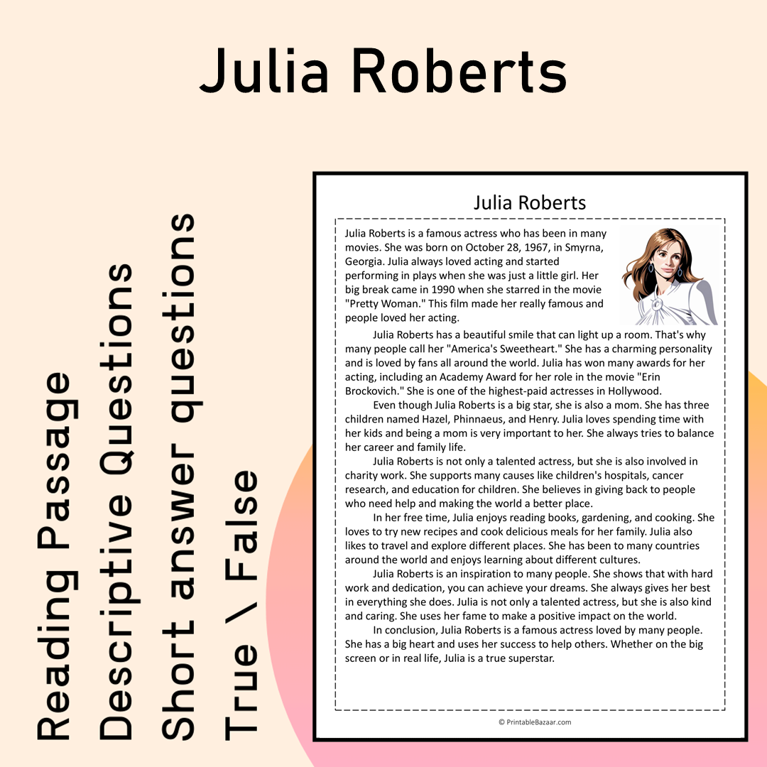 Julia Roberts | Reading Comprehension Passage Printable Activity