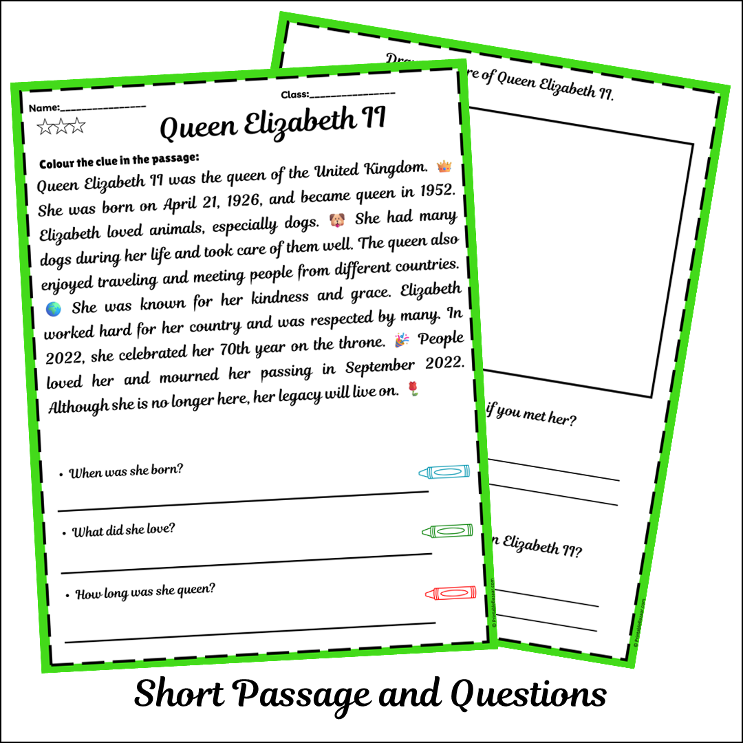 Queen Elizabeth II | Short Reading Comprehension Creative Worksheet