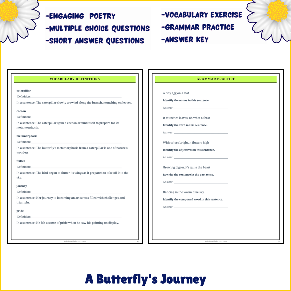 A Butterfly's Journey | Poem Grammar Worksheet Printable Activity