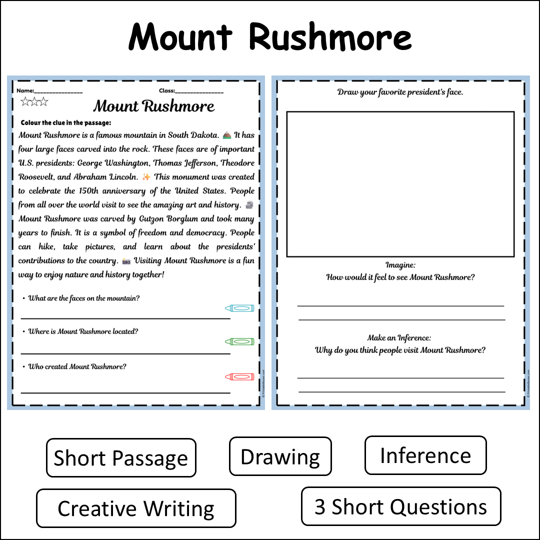 Mount Rushmore | Short Reading Comprehension Creative Worksheet