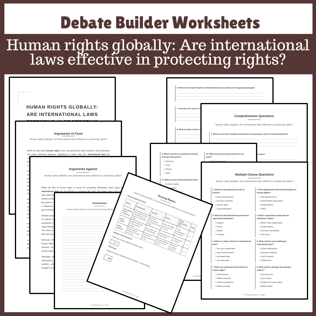 Human rights globally: Are international laws effective in protecting rights? | Favour and Against Worksheet Printable Activity