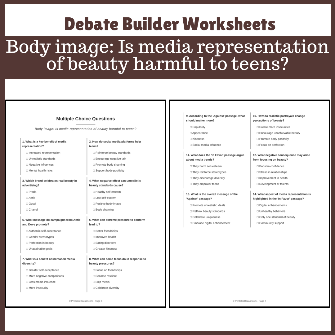 Body image: Is media representation of beauty harmful to teens? | Favour and Against Worksheet Printable Activity