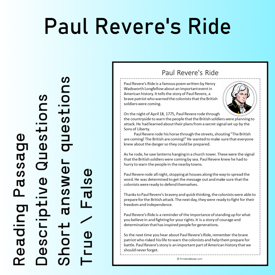 Paul Revere's Ride | Reading Comprehension Passage Printable Worksheet