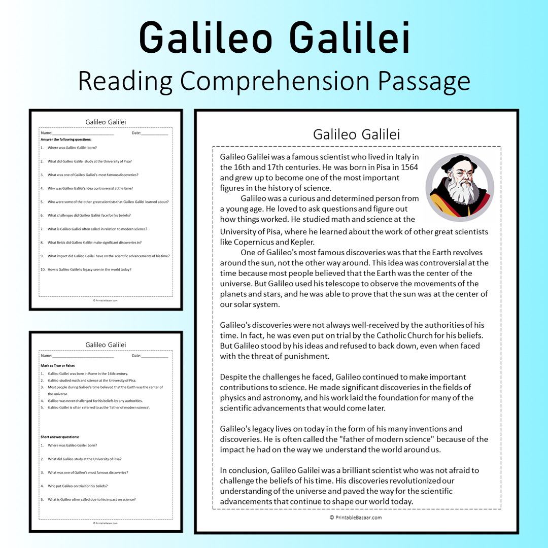 Galileo Galilei | Reading Comprehension Passage Printable Worksheet