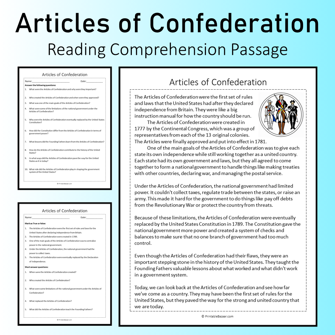 Articles of Confederation | Reading Comprehension Passage Printable Worksheet