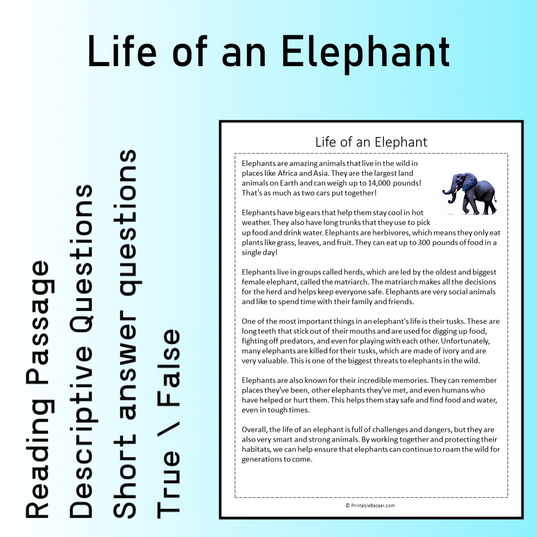 Life of an Elephant | Reading Comprehension Passage Printable Worksheet