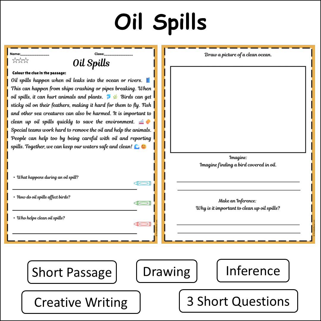 Oil Spills | Short Reading Comprehension Creative Worksheet