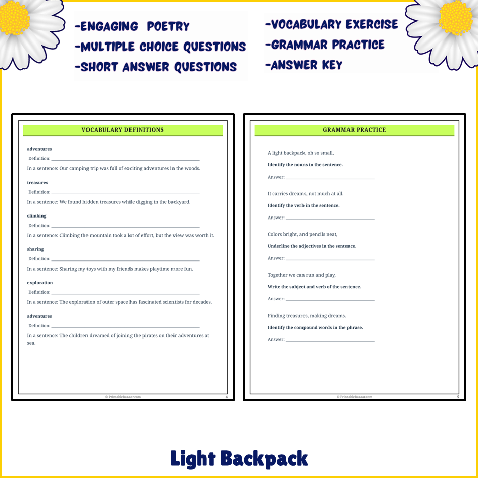 Light Backpack | Poem Grammar Worksheet Printable Activity