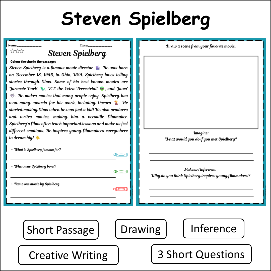 Steven Spielberg | Short Reading Comprehension Creative Worksheet