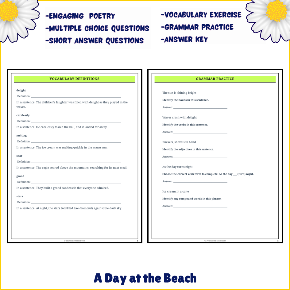 A Day at the Beach | Poem Grammar Worksheet Printable Activity